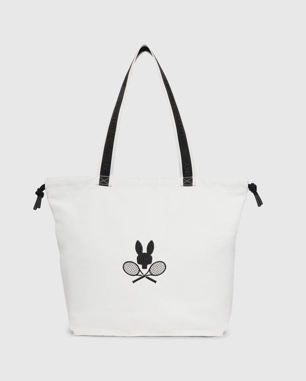 The Psycho Bunny TENNIS TOTE - B6A596C200 is a stylish canvas tote with black handles, featuring an embroidered minimalist logo of a rabbit above crossed tennis rackets.