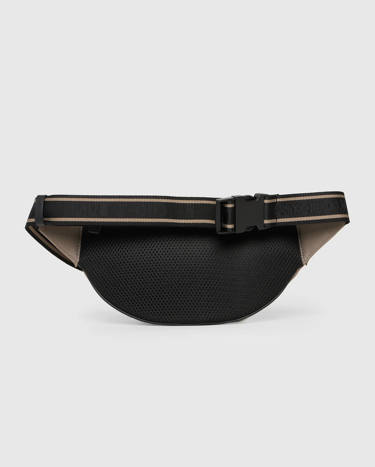 A Psycho Bunny MENS BELT BAG - B6A631Z1BP is shown against a white background. The convertible hip bag has a wide, adjustable strap with a black buckle closure. The strap features a black and beige striped design.