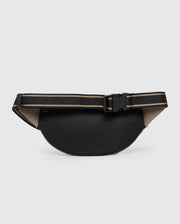 A Psycho Bunny MENS BELT BAG - B6A631Z1BP is shown against a white background. The convertible hip bag has a wide, adjustable strap with a black buckle closure. The strap features a black and beige striped design.