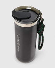The MENS TRAVEL COFFEE MUG - B6A634F200 by Psycho Bunny is a black travel mug with an eco-friendly stainless steel build, featuring a screw-on lid, carrying handle, and the "Psycho Bunny" logo for stylish hydration.