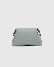 The MENS TOILETRY KIT - B6A636F200 by Psycho Bunny, with its subtle rabbit and crossbones logo, structured shape, curved fold-over top, and metallic fastenings, is perfect for keeping essentials organized for anyone on the go.