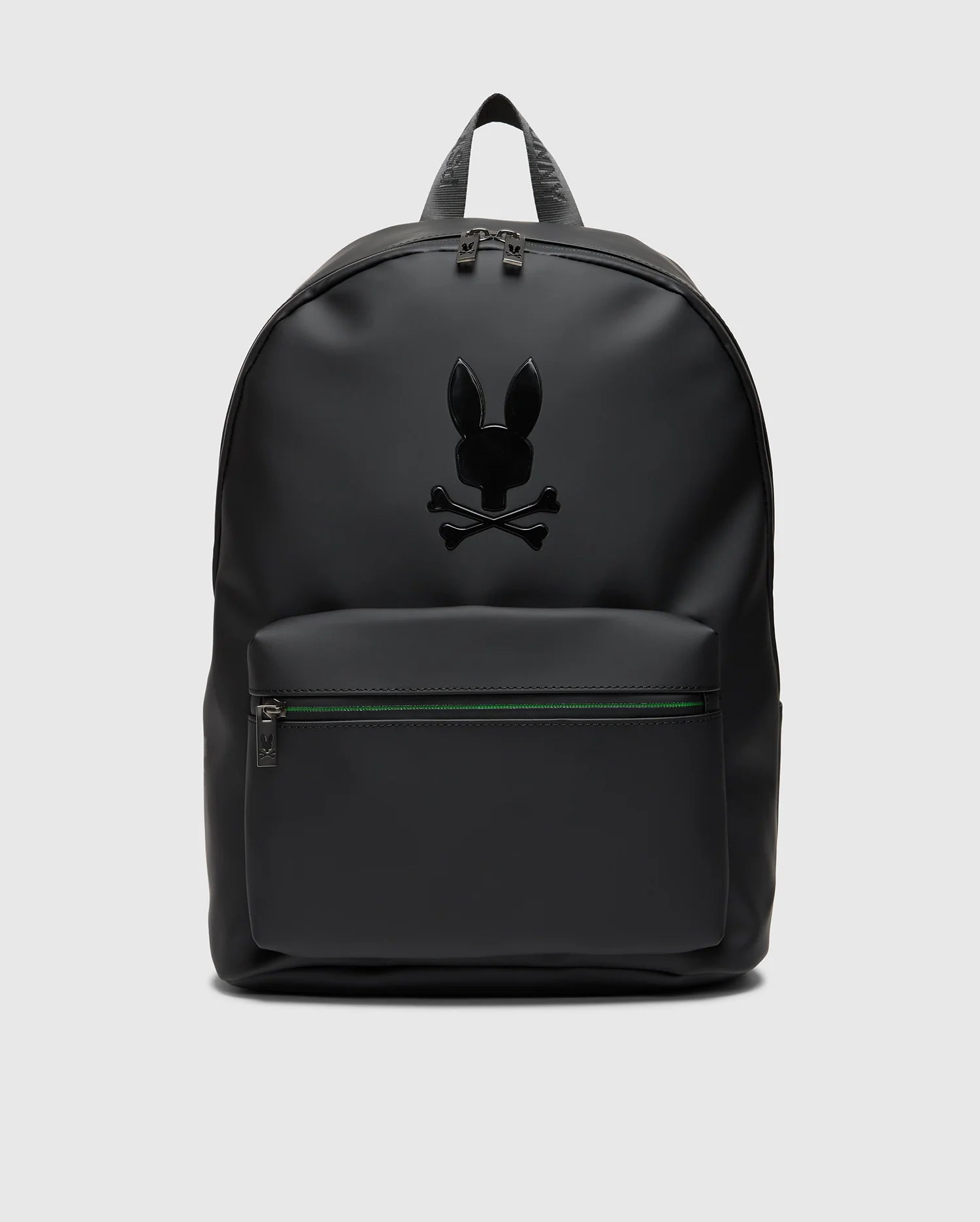 The MENS RUBBERIZED BACKPACK - B6A637F200 from Psycho Bunny is a durable black backpack, blending style and functionality with its unique rabbit design.