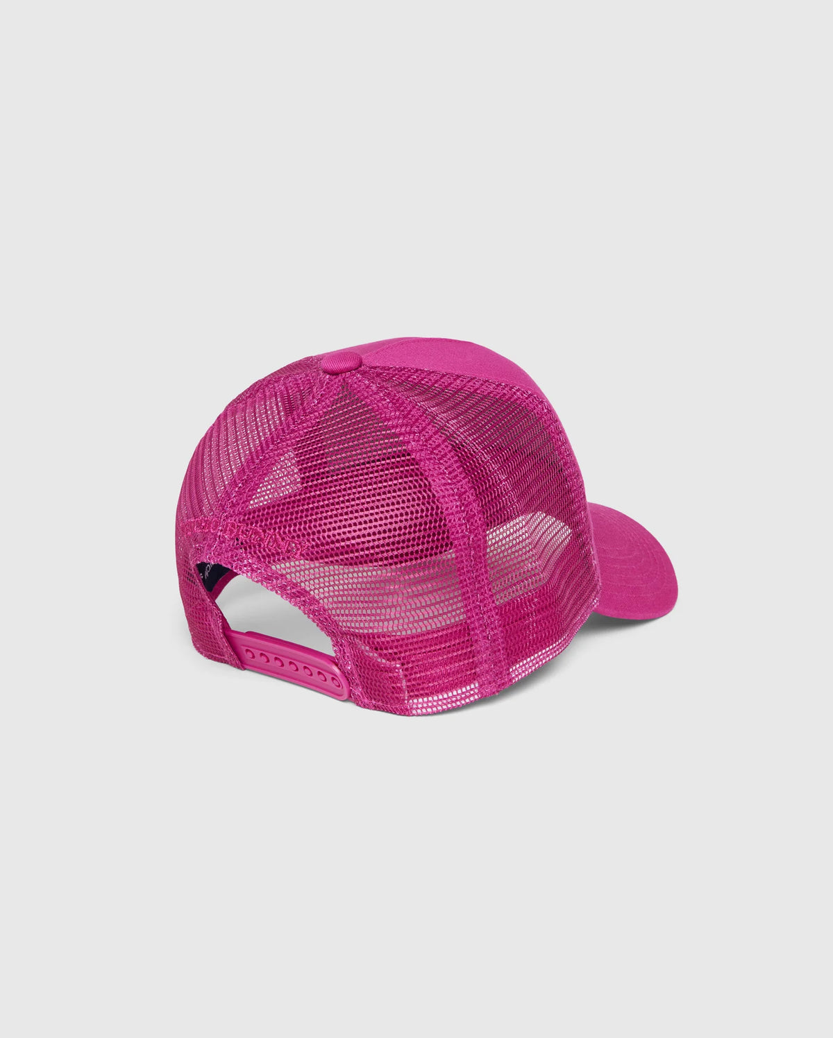 A pink Psycho Bunny MENS RIVIERA TRUCKER CAP - B6A667C200 with a white background, designed with early 2000s nostalgia in mind and featuring a snapback fastening.