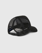 The MENS MALTON TRUCKER CAP - B6A797D200 by Psycho Bunny, viewed from the back, showcases a black mesh construction with a curved brim and an adjustable snapback closure. Crafted from 100% cotton mesh, it offers exceptional ventilation. The solid front panel enhances durability against the plain white background.