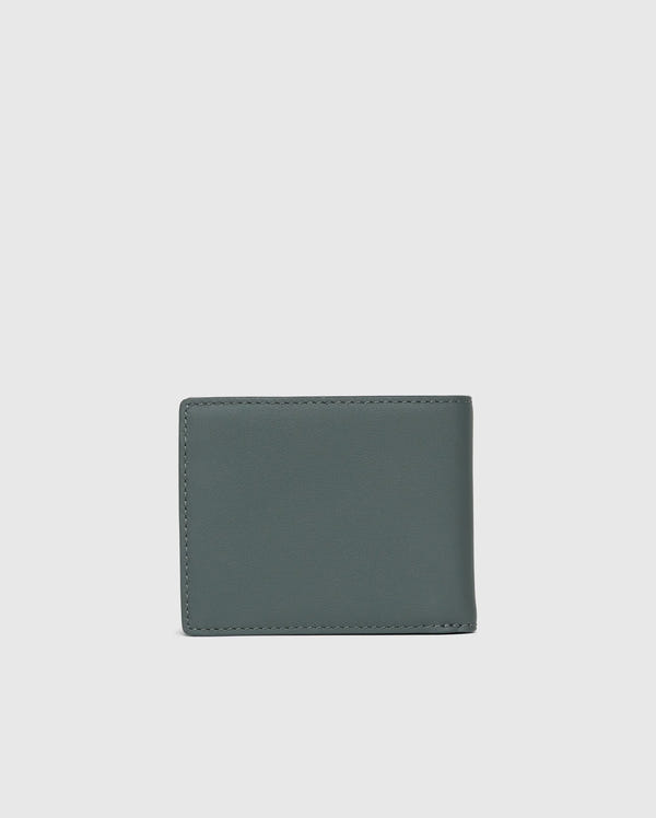 The MENS WORDMARK LEATHER WALLET - B6A868D200 by Psycho Bunny is showcased against a plain gray background. This men's stylish leather wallet features a contemporary green design with a sleek, smooth texture and meticulous stitching along the edges.
