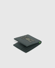 A fashionable leather wallet in green from Psycho Bunny, boasting a stitched rabbit design on the front. The MENS WORDMARK LEATHER WALLET - B6A868D200 is tailored for men with a folded design that reveals visible card slots, set against a simple, light background.
