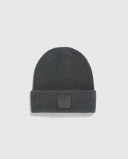 A Psycho Bunny MENS WAFFLE BEANIE, model B6A873D200, in gray, featuring a cuff and a small embossed patch on the front, is shown on a plain white background.