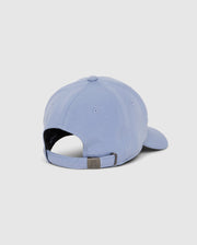 A light blue Psycho Bunny Men's James Premium Baseball Cap (B6A953D200) in knit twill features a tonal embroidered logo, adjustable metal-strap, curved brim, and visible stitching against a white backdrop.