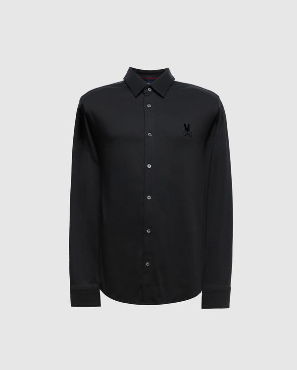 The Psycho Bunny Men's Interlock Knit Shirt (B6C188E200) is a stylish black knit shirt for men, featuring long sleeves and a pointed collar on a plain background. Made from 100% Pima cotton, its luxurious feel is enhanced by the mercerized knit fabric and a subtle embroidered logo on the chest.