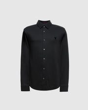 The Psycho Bunny Men's Interlock Knit Shirt (B6C188E200) is a stylish black knit shirt for men, featuring long sleeves and a pointed collar on a plain background. Made from 100% Pima cotton, its luxurious feel is enhanced by the mercerized knit fabric and a subtle embroidered logo on the chest.