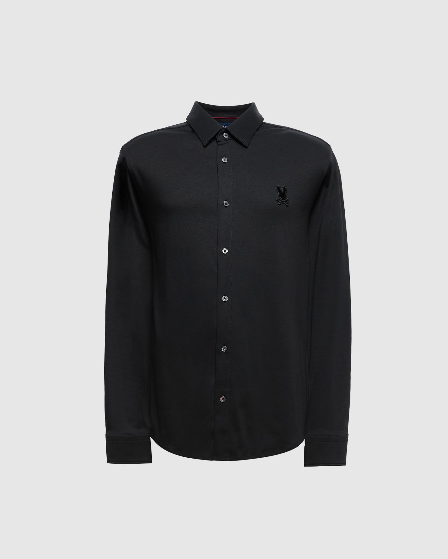 The Psycho Bunny Men's Interlock Knit Shirt (B6C188E200) is a stylish black knit shirt for men, featuring long sleeves and a pointed collar on a plain background. Made from 100% Pima cotton, its luxurious feel is enhanced by the mercerized knit fabric and a subtle embroidered logo on the chest.
