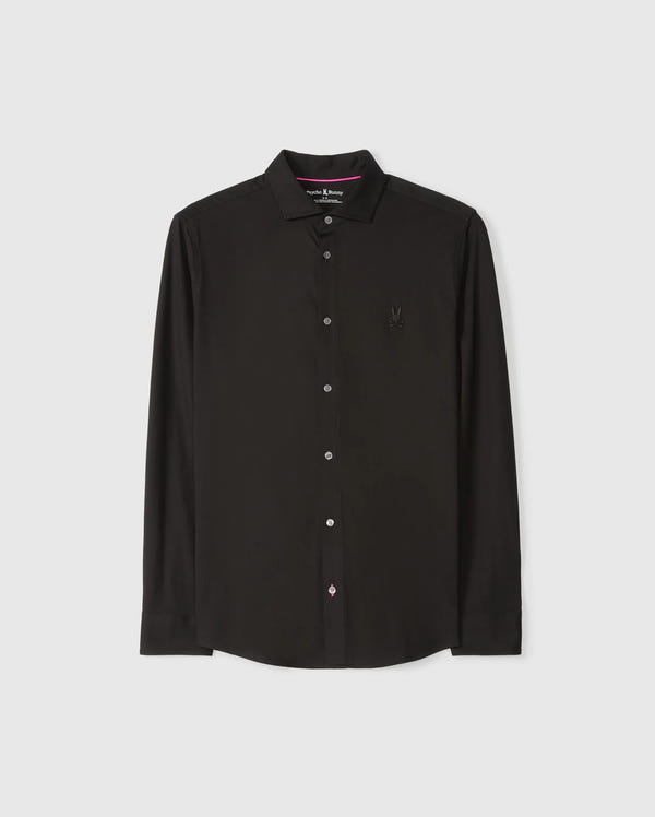 The Psycho Bunny Men's Arthur Jersey Shirt (B6C748D200) is a black long-sleeve button-up crafted from Pima cotton. It features a small embroidered logo on the chest and is displayed against a light gray background. With its classic collar and white buttons, this shirt offers both style and comfort for any occasion.