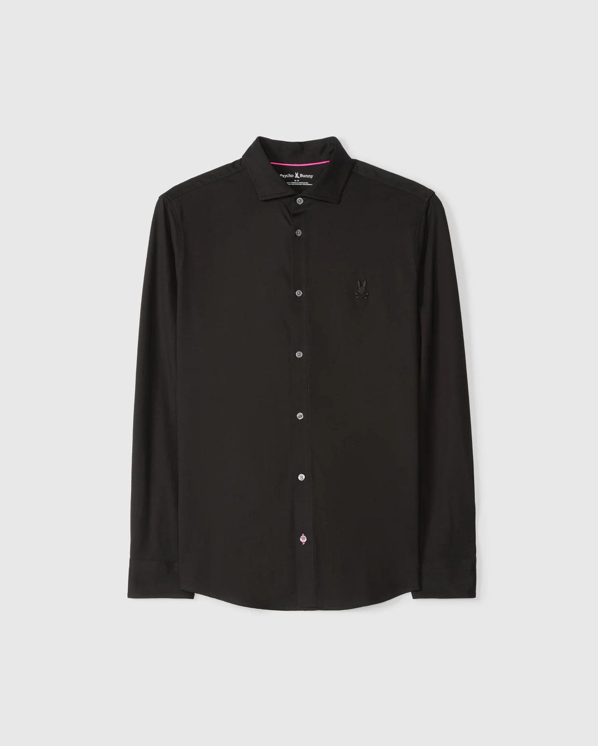 The Psycho Bunny Men's Arthur Jersey Shirt (B6C748D200) is a black long-sleeve button-up crafted from Pima cotton. It features a small embroidered logo on the chest and is displayed against a light gray background. With its classic collar and white buttons, this shirt offers both style and comfort for any occasion.