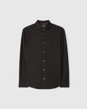 The Psycho Bunny Men's Arthur Jersey Shirt (B6C748D200) is a black long-sleeve button-up crafted from Pima cotton. It features a small embroidered logo on the chest and is displayed against a light gray background. With its classic collar and white buttons, this shirt offers both style and comfort for any occasion.