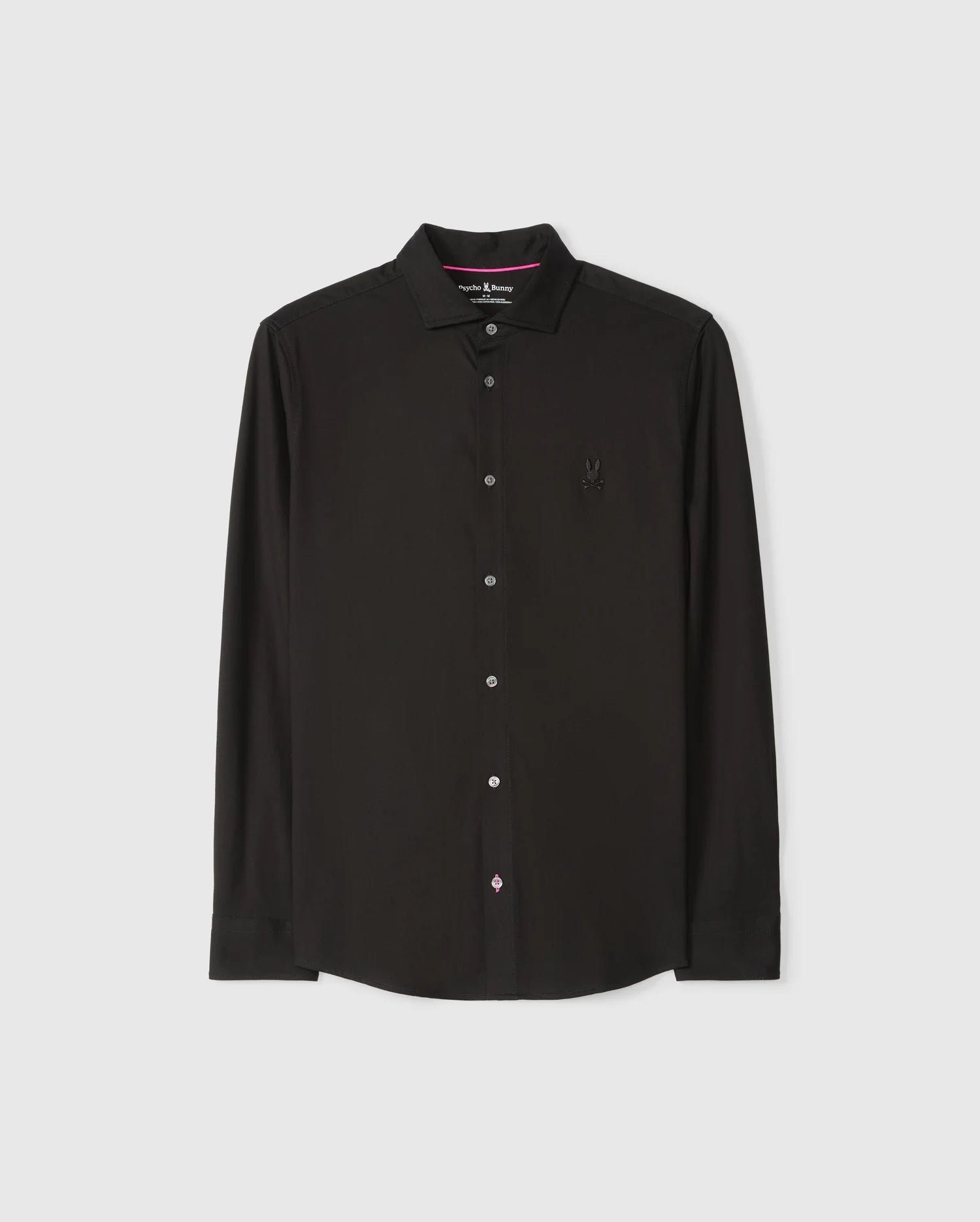 The Psycho Bunny Men's Arthur Jersey Shirt (B6C748D200) is a black long-sleeve button-up crafted from Pima cotton. It features a small embroidered logo on the chest and is displayed against a light gray background. With its classic collar and white buttons, this shirt offers both style and comfort for any occasion.