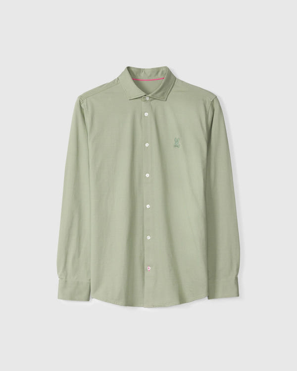 Displayed against a plain background is the MENS BRENDAN JERSEY SHIRT - B6C749D200 by Psycho Bunny, featuring a light green long-sleeve button-up design crafted from soft Pima cotton jersey. It is enhanced by white buttons and adorned with a small embroidered chest Bunny for added charm.