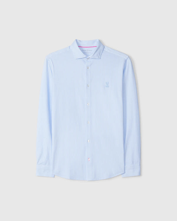 The Psycho Bunny MENS BROOK STRIPED JERSEY SHIRT - B6C750D200 in light blue is displayed against a plain background. This long-sleeve button-up shirt is crafted from Pima cotton and features subtle vertical stripes, a collar, and a small embroidered emblem on the chest. It offers a comfortable fit with white buttons and maintains a clean, crisp appearance.