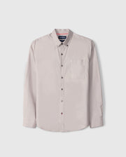 The Psycho Bunny MENS JARED COTTON MODAL SHIRT (B6C774D200) is a beige shirt featuring long sleeves, a button-up closure, collar, and front chest pocket. Crafted from premium cotton-modal blend and displayed on a plain white background, it exemplifies timeless style and comfort.