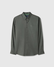 The Psycho Bunny MENS JARED COTTON MODAL SHIRT - B6C774D200 is an olive green men's shirt with long sleeves, a button-up design, crafted from premium cotton modal fabric. It features a collar and a chest pocket, displayed against a white background.