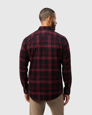 A man is standing with his back to the camera, wearing the Psycho Bunny MENS HAYES PLAID SHIRT (B6C842D200), which features long sleeves and soft Pima cotton fabric. He is also wearing beige pants, set against a plain light gray background.