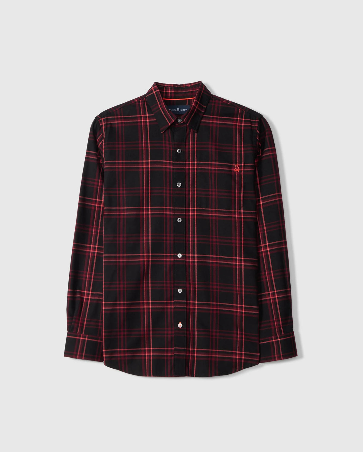 The Psycho Bunny MENS HAYES PLAID SHIRT - B6C842D200 is a long-sleeve shirt showcasing a red and black plaid pattern, made from luxurious Pima cotton for ultimate comfort and style.