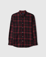 The Psycho Bunny MENS HAYES PLAID SHIRT - B6C842D200 is a long-sleeve shirt showcasing a red and black plaid pattern, made from luxurious Pima cotton for ultimate comfort and style.