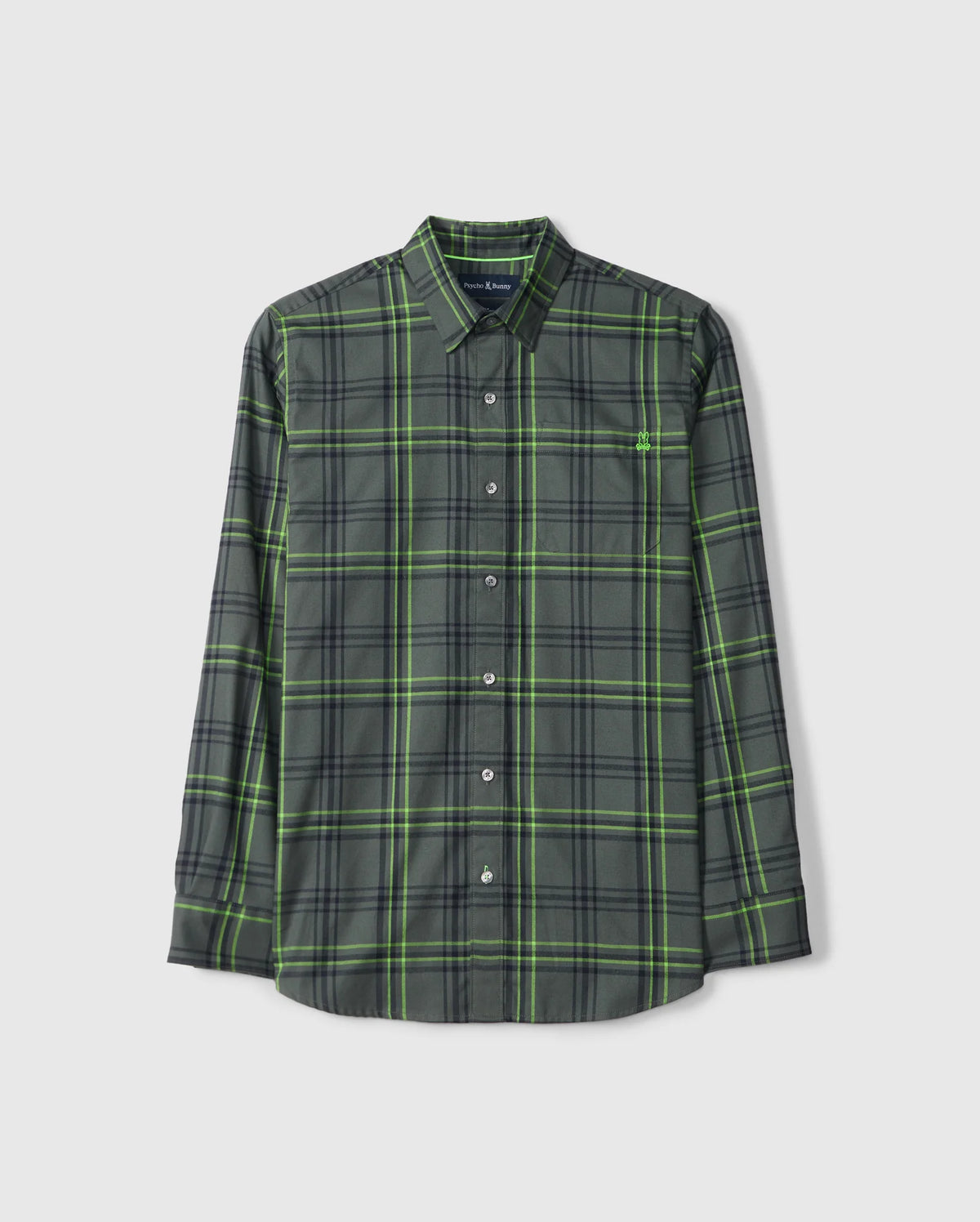 A premium Psycho Bunny button-down shirt, the MENS HAYES PLAID SHIRT - B6C842D200, features a green and gray plaid pattern. It is crafted from soft Pima cotton with long sleeves and is displayed against a plain white background.