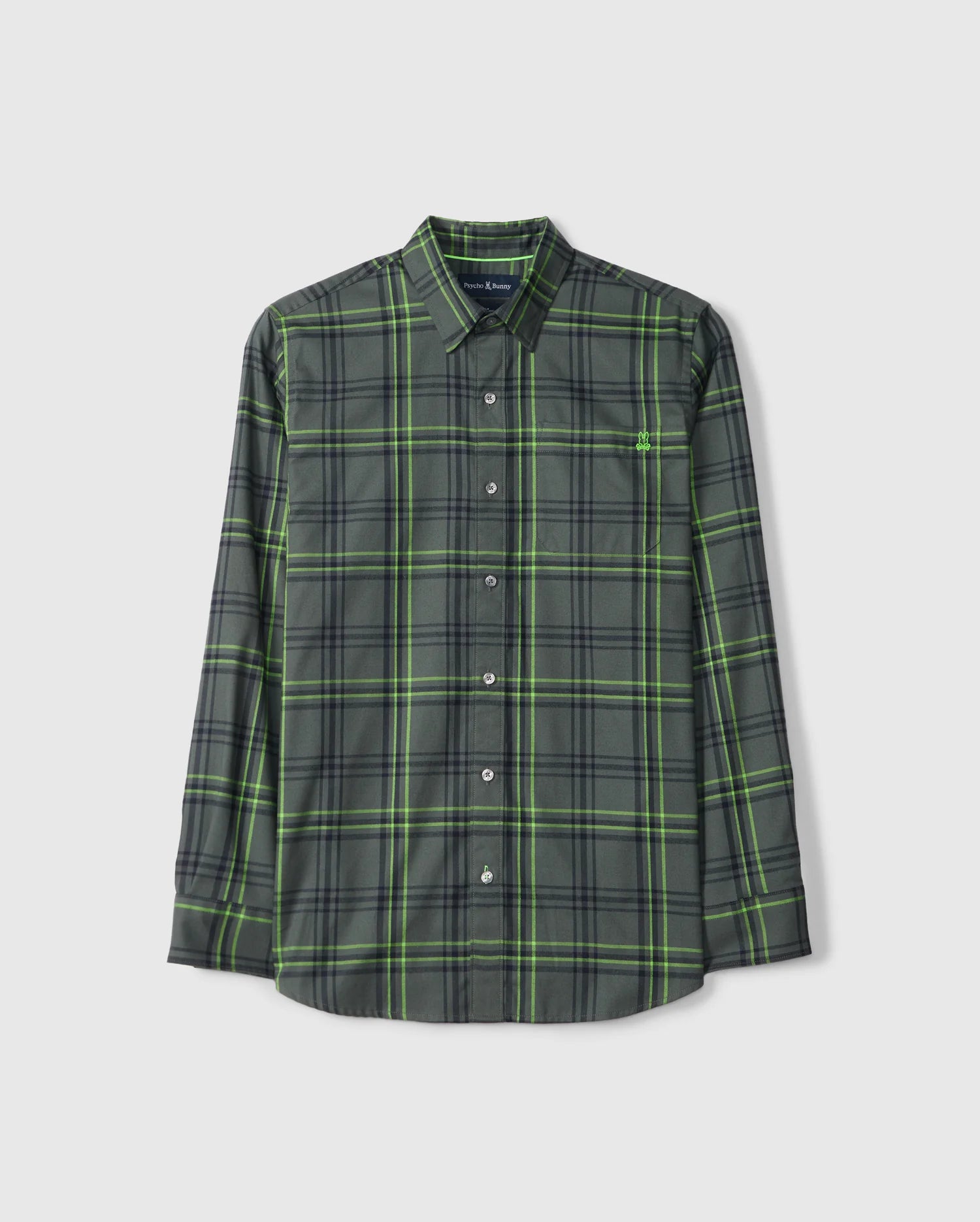 A premium Psycho Bunny button-down shirt, the MENS HAYES PLAID SHIRT - B6C842D200, features a green and gray plaid pattern. It is crafted from soft Pima cotton with long sleeves and is displayed against a plain white background.