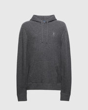 The Psycho Bunny MENS LEVAN WAFFLE HOODED SWEATER (B6E246E200) is a gray cashmere-wool hoodie with textured fabric, adjustable drawstrings, a front kangaroo pocket, and an embroidered chest bunny logo, adding charm to the plain white background.