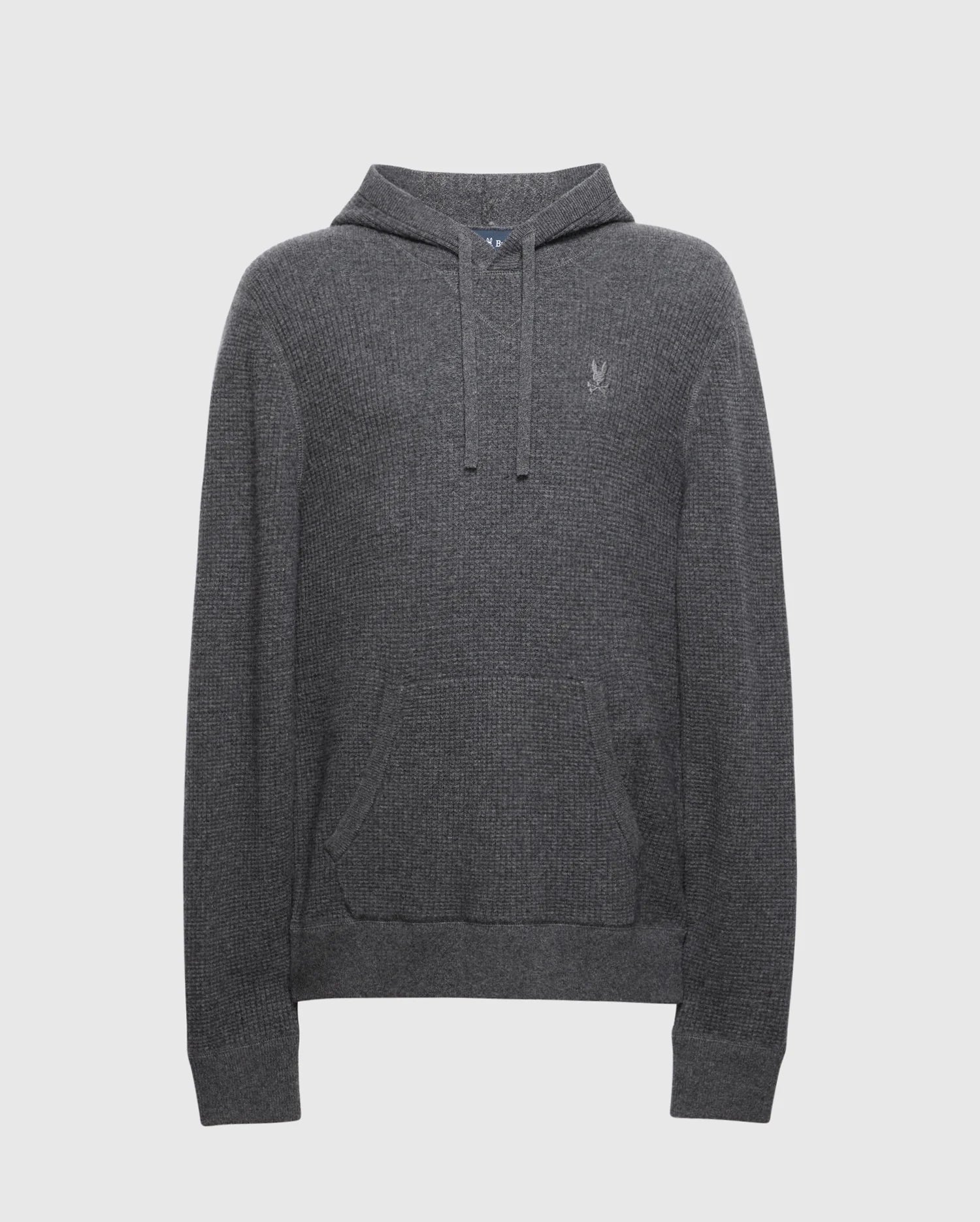 The Psycho Bunny MENS LEVAN WAFFLE HOODED SWEATER (B6E246E200) is a gray cashmere-wool hoodie with textured fabric, adjustable drawstrings, a front kangaroo pocket, and an embroidered chest bunny logo, adding charm to the plain white background.