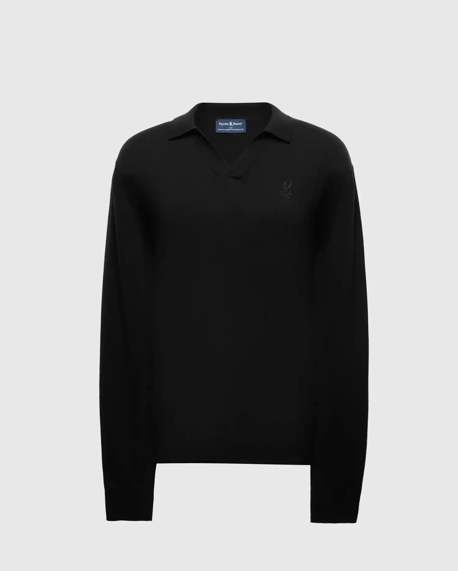 The Men's Johnny Collar Sweater - B6E258E200 by Psycho Bunny is crafted from a cotton-wool blend and showcases a long-sleeve black design set against a light gray background. This sophisticated sweater features a discreet embroidered logo on the left chest and includes a classic collar for added elegance.