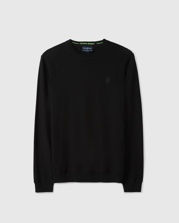 Introducing the Psycho Bunny Men's Belmore Extra Fine Cotton Sweater – B6E832D200. This elegant black sweater is meticulously crafted from extrafine cotton and showcases a discreet embroidered bunny logo on the left chest. It features a classic round neckline, complemented by ribbed cuffs and hem for timeless style. Presented on a light gray background, this piece underscores premium stitching for a touch of refined elegance.