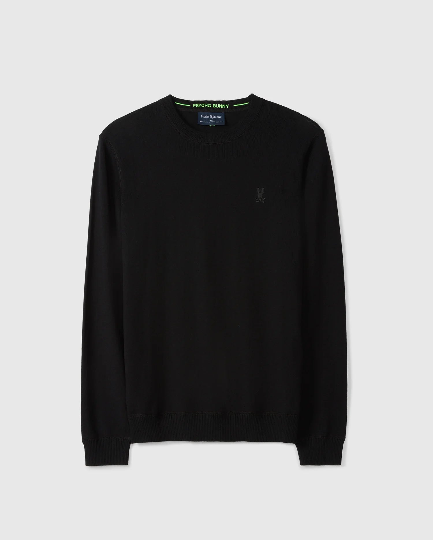 Introducing the Psycho Bunny Men's Belmore Extra Fine Cotton Sweater – B6E832D200. This elegant black sweater is meticulously crafted from extrafine cotton and showcases a discreet embroidered bunny logo on the left chest. It features a classic round neckline, complemented by ribbed cuffs and hem for timeless style. Presented on a light gray background, this piece underscores premium stitching for a touch of refined elegance.
