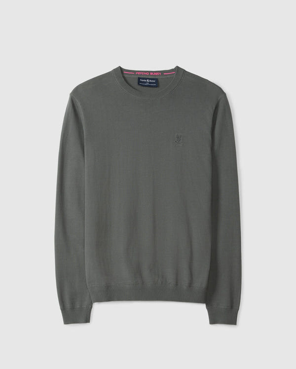 A luxurious green sweater by Psycho Bunny, the MENS BELMORE COTTON SWEATER - B6E832D200, is made from premium embroidered cotton and includes ribbed cuffs and hem. It features a discreet logo on the left chest and a branded label inside the neckline, showcasing its soft and lightweight fabric.