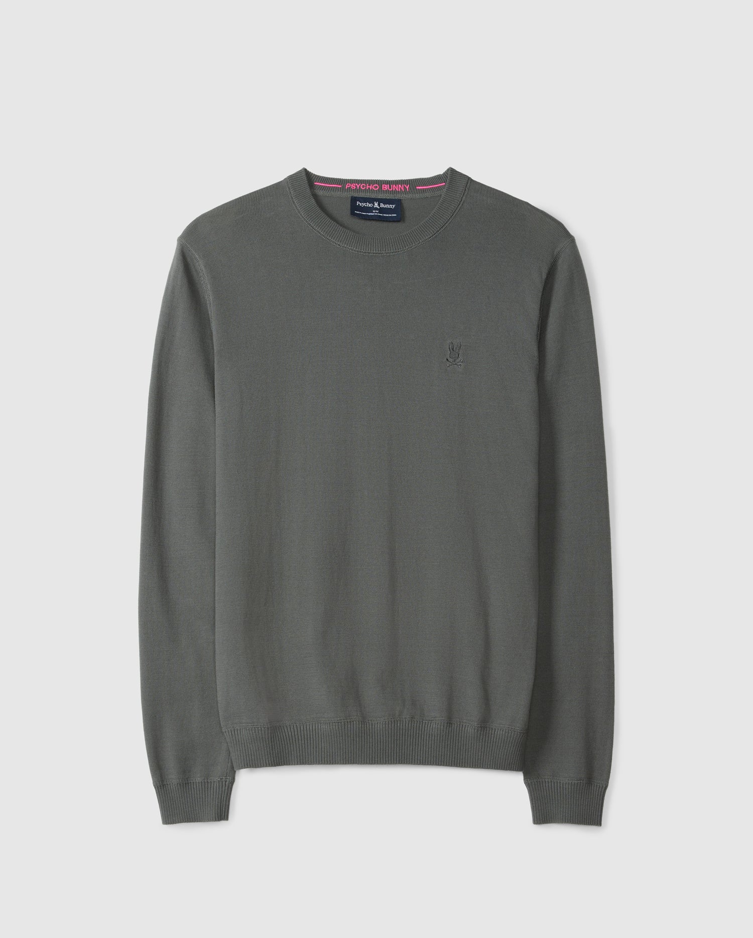 A luxurious green sweater by Psycho Bunny, the MENS BELMORE COTTON SWEATER - B6E832D200, is made from premium embroidered cotton and includes ribbed cuffs and hem. It features a discreet logo on the left chest and a branded label inside the neckline, showcasing its soft and lightweight fabric.