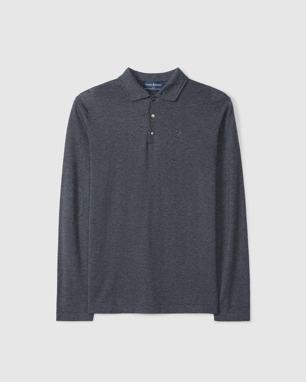 The MENS BRADSHAW POLO SWEATER - B6E835D200 by Psycho Bunny is a dark gray, long-sleeved polo crafted from merino wool. It boasts a collared neckline and three buttons, elegantly featuring a subtle embroidered logo on the left chest while displayed laid flat on a plain background.