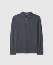The MENS BRADSHAW POLO SWEATER - B6E835D200 by Psycho Bunny is a dark gray, long-sleeved polo crafted from merino wool. It boasts a collared neckline and three buttons, elegantly featuring a subtle embroidered logo on the left chest while displayed laid flat on a plain background.