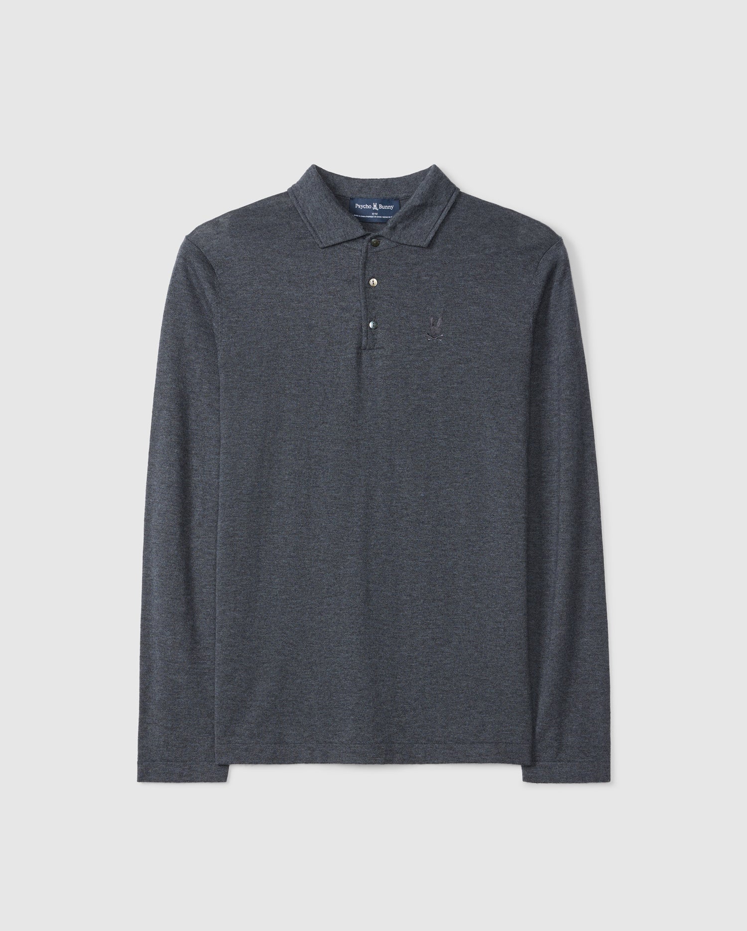 The MENS BRADSHAW POLO SWEATER - B6E835D200 by Psycho Bunny is a dark gray, long-sleeved polo crafted from merino wool. It boasts a collared neckline and three buttons, elegantly featuring a subtle embroidered logo on the left chest while displayed laid flat on a plain background.