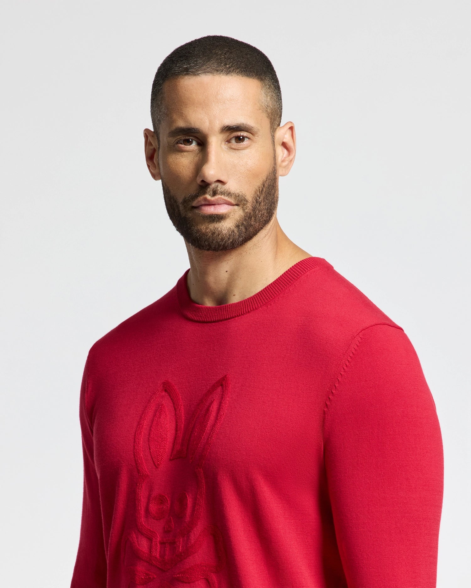 A bearded man wearing a red Psycho Bunny MENS COORY CHAINSTITCH COTTON SWEATER with a chainstitch bunny design stares at the camera against a plain backdrop.