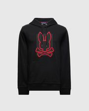 Introducing the Psycho Bunny MENS PIERCE ESSENTIAL FRENCH TERRY HOODIE - B6H135E200, a black cotton hoodie showcasing a striking red graphic of a stylized rabbit with crossbones prominently on the front. This bold design is centrally placed, enhancing its fashionable allure. The hoodie includes a front pocket and drawstring hood, presented against an understated plain background.