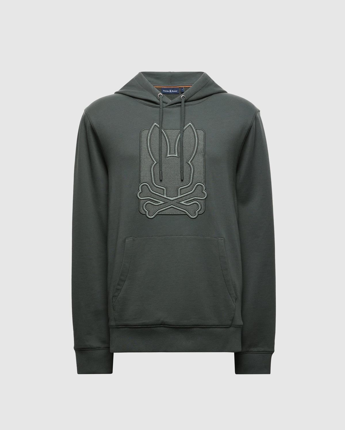 Introducing the Psycho Bunny Men's Pierce Essential French Terry Hoodie (B6H135E200), crafted from high-quality dark green cotton. It features an embroidered, stylized bunny skull and crossbones design on the front. This stylish hoodie for men includes a front pocket and drawstring hood, designed against a plain light gray background.