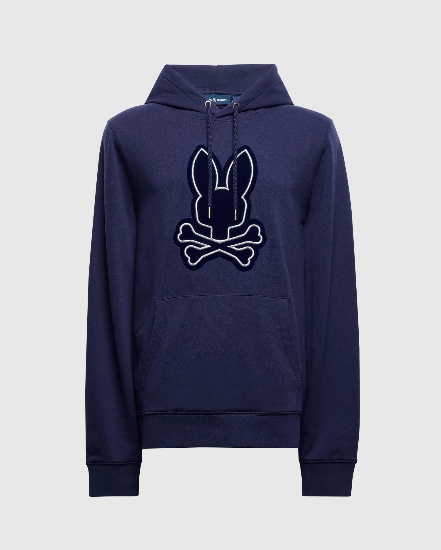 Presenting the Psycho Bunny Men's Alexander Hoodie (B6H154E200) in navy blue, featuring a playful cartoon bunny head and crossed bones graphic on the front. This comfortable cotton blend hoodie is designed with a drawstring hood and a kangaroo pocket, making it perfect for everyday wear.