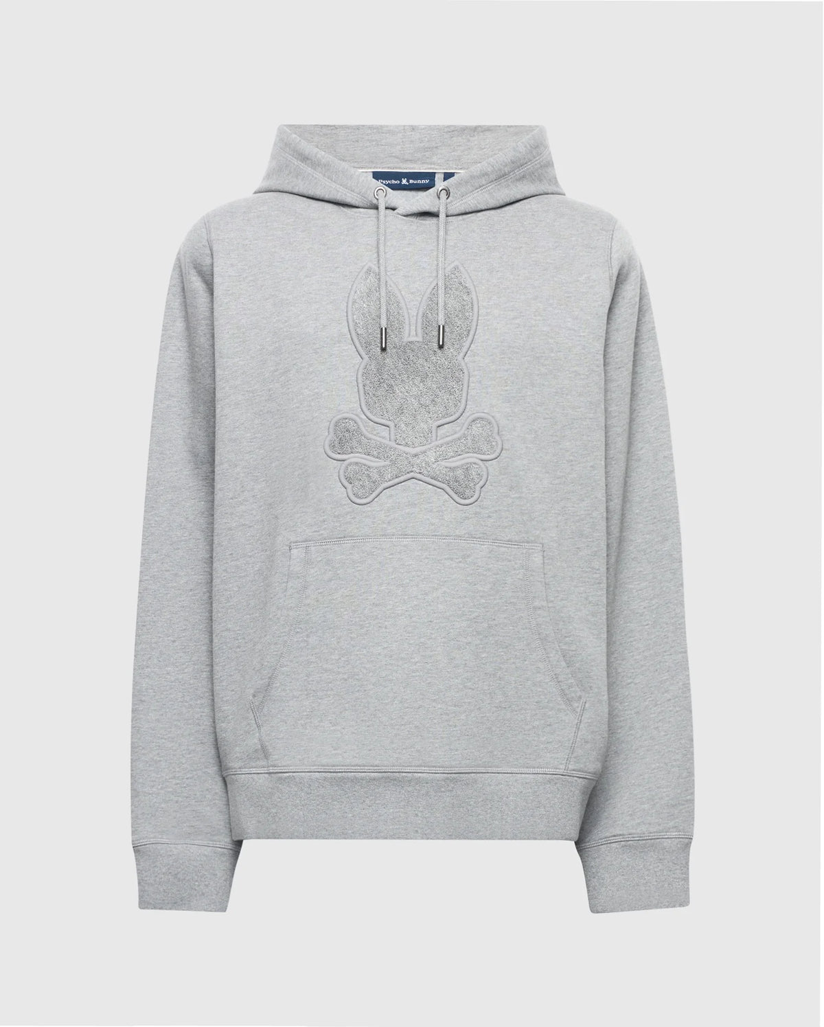 The Psycho Bunny MENS ELDORADO BRUSH BACK HOODIE in gray boasts an embroidered bunny skull and crossbones. Made from soft brush-back cotton, it's ideal for swaddle season with a spacious front pouch and a drawstring hood.