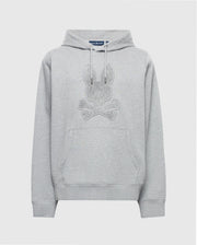The Psycho Bunny MENS ELDORADO BRUSH BACK HOODIE in gray boasts an embroidered bunny skull and crossbones. Made from soft brush-back cotton, it's ideal for swaddle season with a spacious front pouch and a drawstring hood.