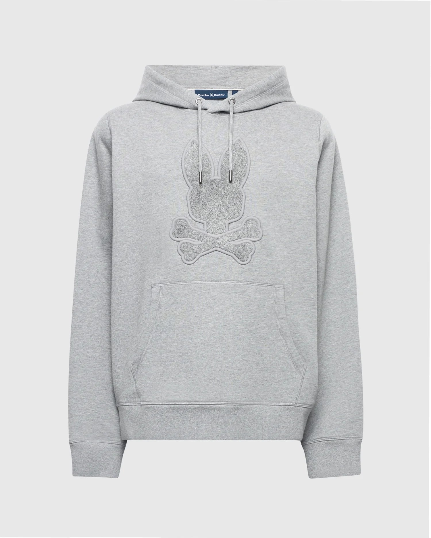 The Psycho Bunny MENS ELDORADO BRUSH BACK HOODIE in gray boasts an embroidered bunny skull and crossbones. Made from soft brush-back cotton, it's ideal for swaddle season with a spacious front pouch and a drawstring hood.