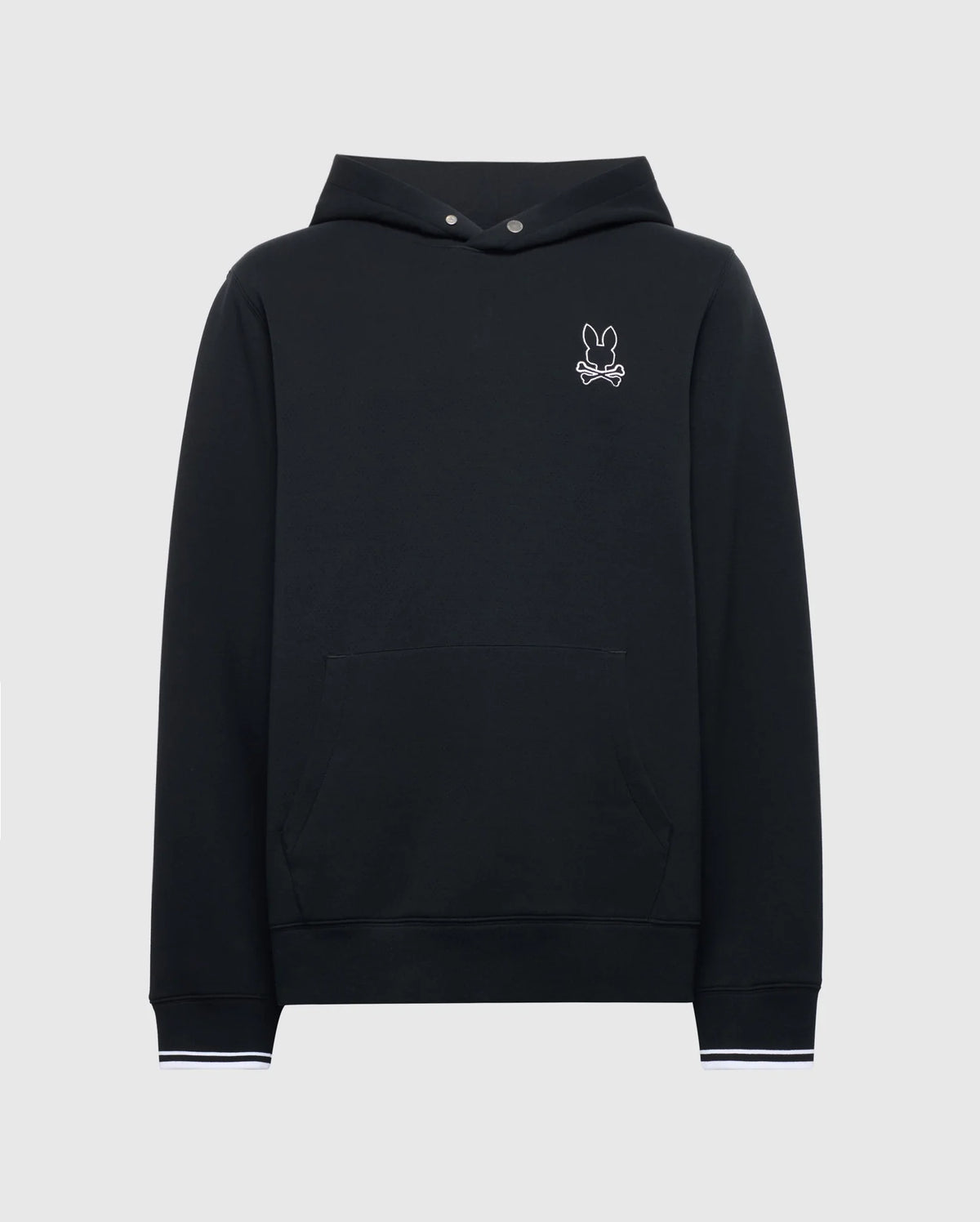 The Psycho Bunny Men's Dacano Perforated Hoodie (B6H239E200) in black features a small white embroidered rabbit-with-crossbones on the left chest, front pocket, and ribbed cuffs with white stripes. Made from breathable jersey fabric for added comfort.