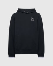 The Psycho Bunny Men's Dacano Perforated Hoodie (B6H239E200) in black features a small white embroidered rabbit-with-crossbones on the left chest, front pocket, and ribbed cuffs with white stripes. Made from breathable jersey fabric for added comfort.