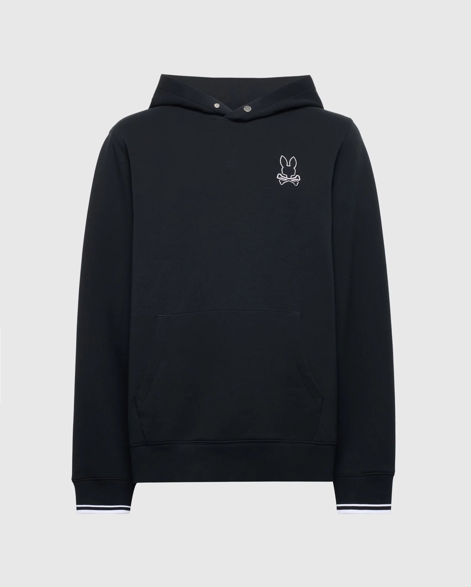 The Psycho Bunny Men's Dacano Perforated Hoodie (B6H239E200) in black features a small white embroidered rabbit-with-crossbones on the left chest, front pocket, and ribbed cuffs with white stripes. Made from breathable jersey fabric for added comfort.