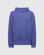 The Psycho Bunny MENS DACANO PERFORATED HOODIE - B6H239E200 is a blue stretch cotton-blend jersey hoodie with a kangaroo pocket, ribbed cuffs, a buttoned hood, and a small embroidered bunny logo on the left chest.