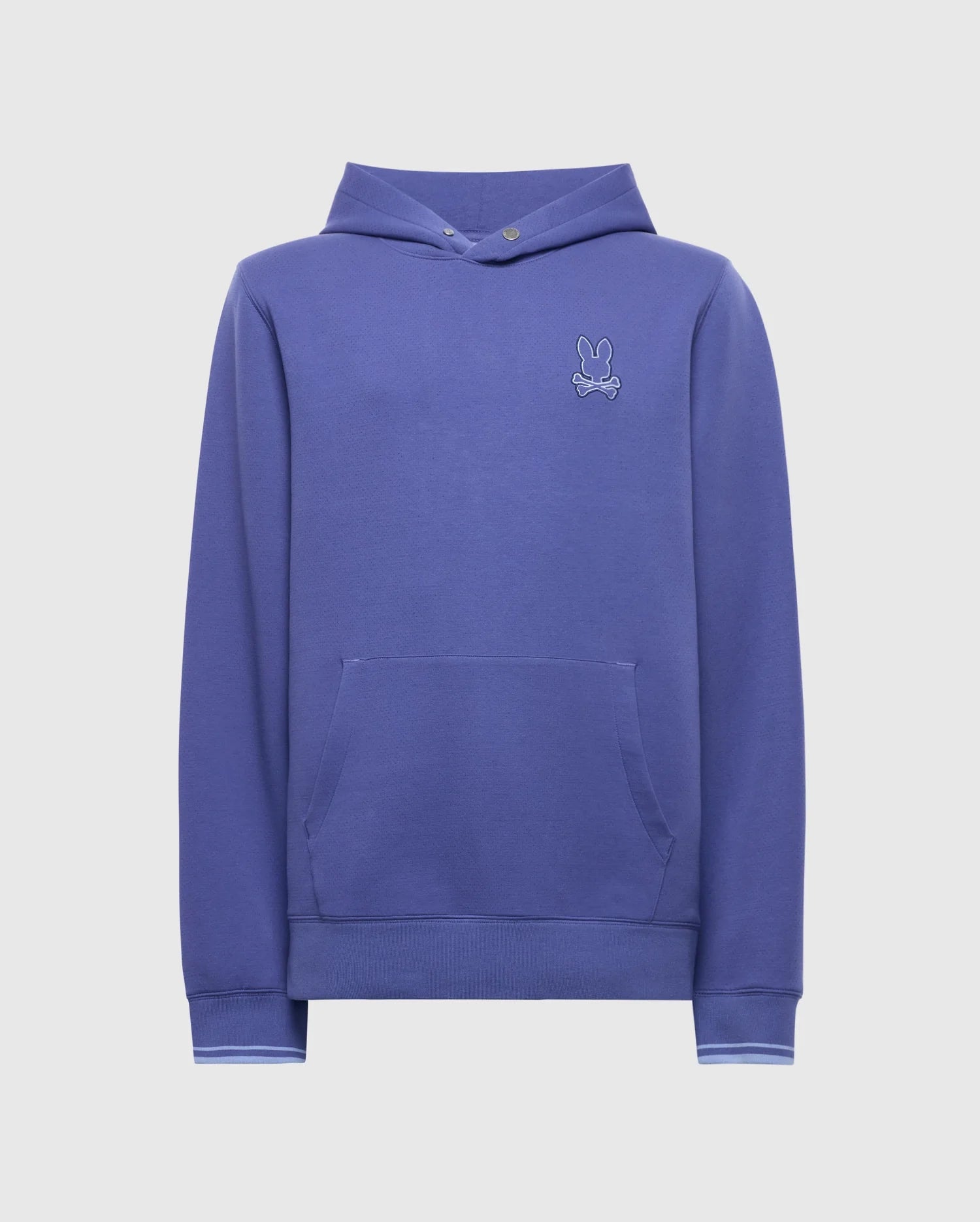 The Psycho Bunny MENS DACANO PERFORATED HOODIE - B6H239E200 is a blue stretch cotton-blend jersey hoodie with a kangaroo pocket, ribbed cuffs, a buttoned hood, and a small embroidered bunny logo on the left chest.